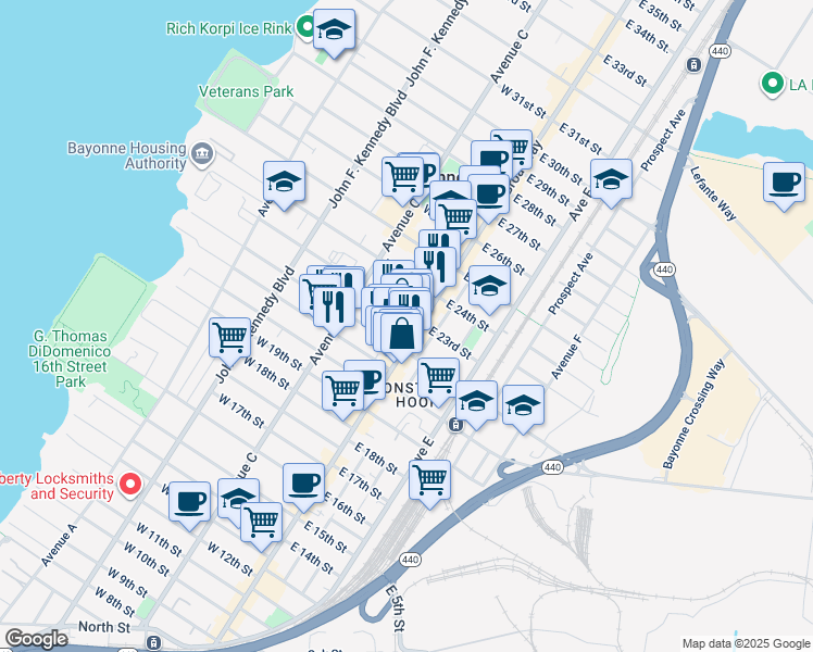 map of restaurants, bars, coffee shops, grocery stores, and more near 13 West 22nd Street in Bayonne