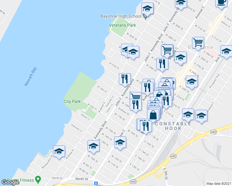map of restaurants, bars, coffee shops, grocery stores, and more near 497 John F. Kennedy Boulevard in Bayonne