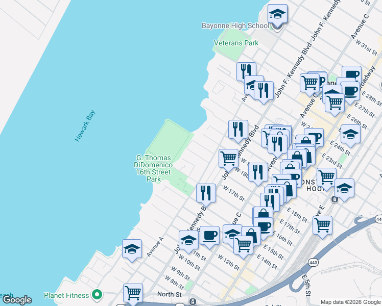 map of restaurants, bars, coffee shops, grocery stores, and more near 166 West 17th Street in Bayonne