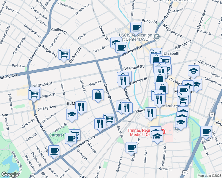 map of restaurants, bars, coffee shops, grocery stores, and more near 120 West Jersey Street in Elizabeth