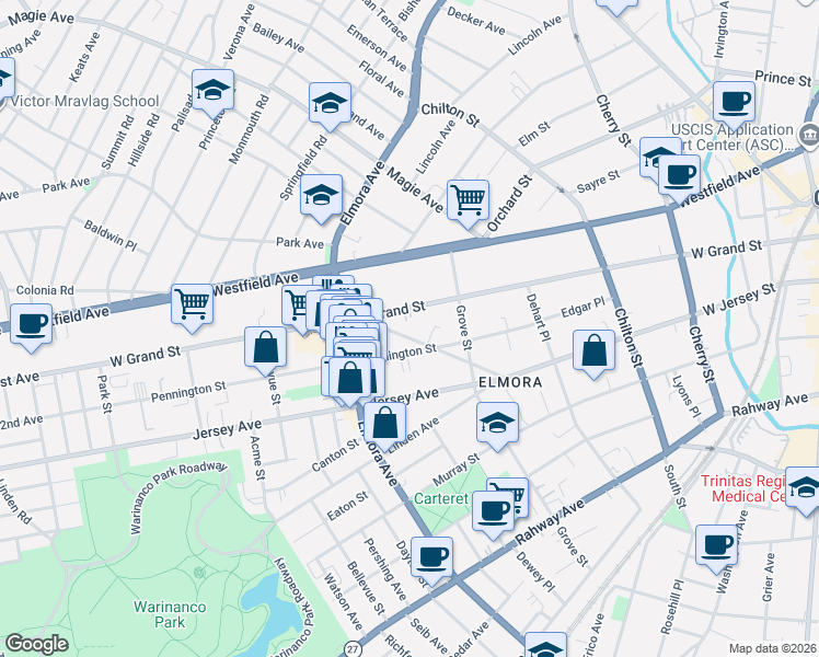 map of restaurants, bars, coffee shops, grocery stores, and more near 508 West End Avenue in Elizabeth