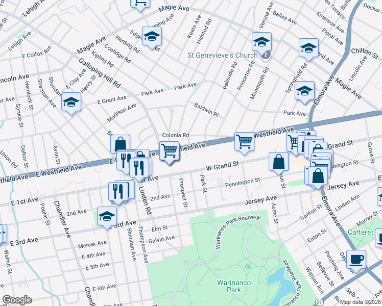 map of restaurants, bars, coffee shops, grocery stores, and more near 977 West Grand Street in Elizabeth