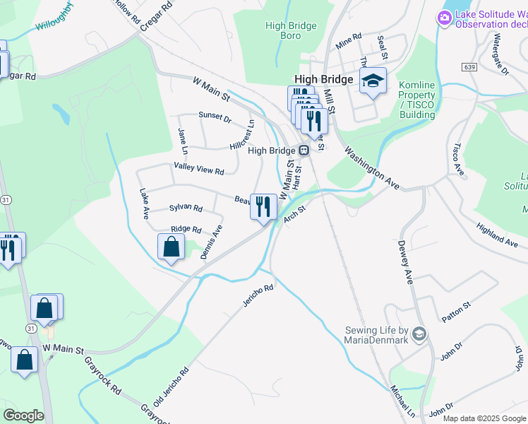 map of restaurants, bars, coffee shops, grocery stores, and more near 76 West Main Street in High Bridge