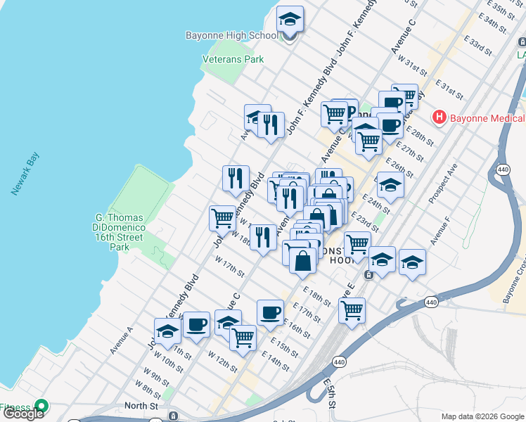 map of restaurants, bars, coffee shops, grocery stores, and more near 87 West 19th Street in Bayonne