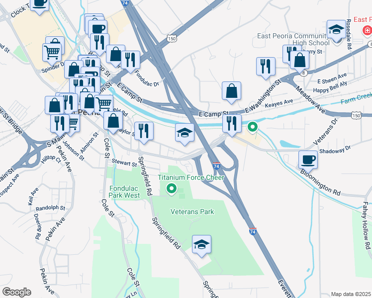 map of restaurants, bars, coffee shops, grocery stores, and more near 601 Taylor Street in East Peoria