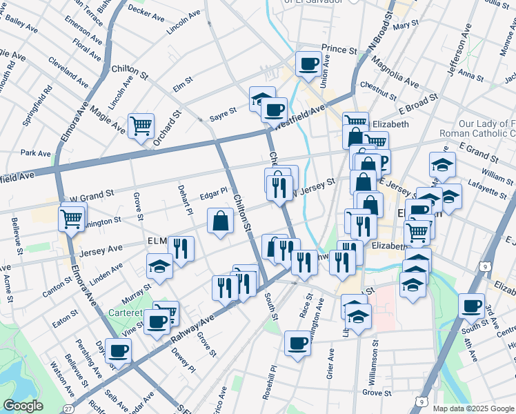 map of restaurants, bars, coffee shops, grocery stores, and more near 135 W Jersey Ave in Elizabeth