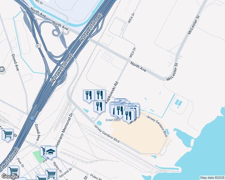 map of restaurants, bars, coffee shops, grocery stores, and more near 700 Kapkowski Road in Elizabeth