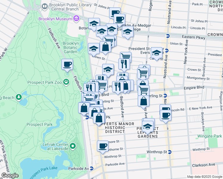 map of restaurants, bars, coffee shops, grocery stores, and more near 97 Empire Boulevard in Brooklyn