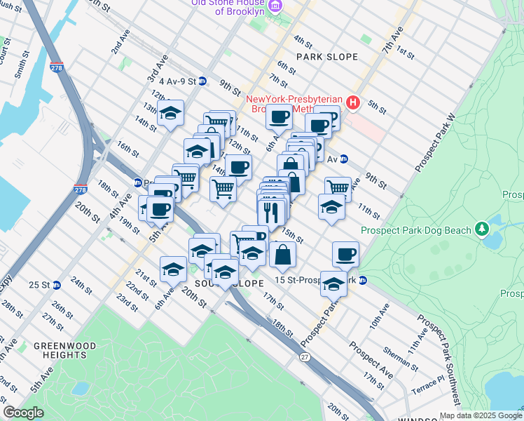 map of restaurants, bars, coffee shops, grocery stores, and more near 305 16th Street in Brooklyn