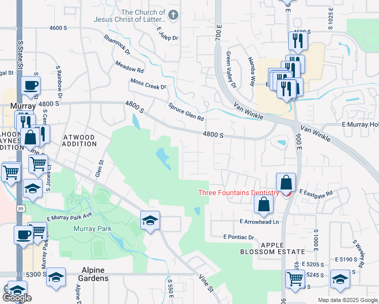 map of restaurants, bars, coffee shops, grocery stores, and more near 4940 South in Murray