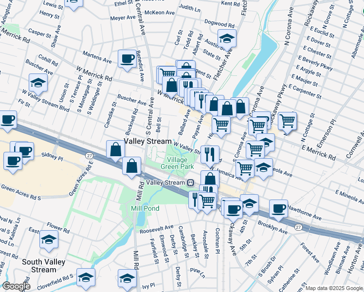 map of restaurants, bars, coffee shops, grocery stores, and more near 135 West Valley Stream Boulevard in Valley Stream