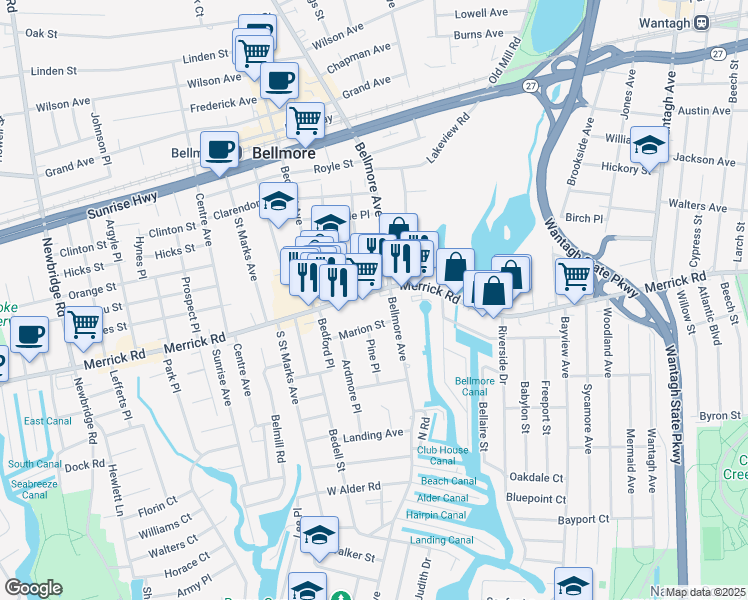 map of restaurants, bars, coffee shops, grocery stores, and more near 2454 Bellmore Avenue in Bellmore