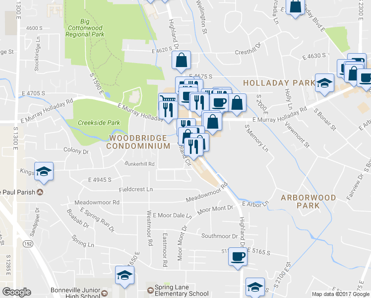 map of restaurants, bars, coffee shops, grocery stores, and more near 4836 South Highland Drive in Holladay
