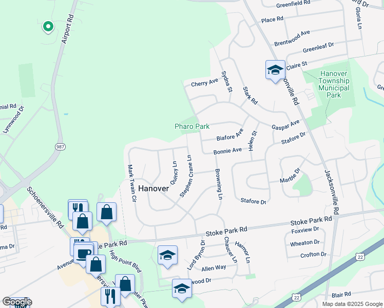 map of restaurants, bars, coffee shops, grocery stores, and more near 3640 Stephen Crane Lane in Bethlehem