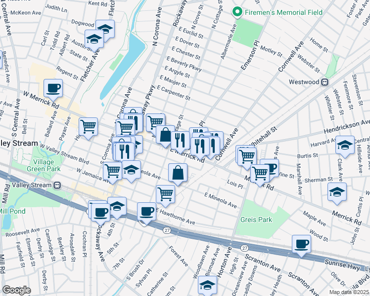map of restaurants, bars, coffee shops, grocery stores, and more near 133 East Merrick Road in Valley Stream