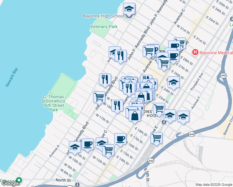 map of restaurants, bars, coffee shops, grocery stores, and more near 83 West 20th Street in Bayonne