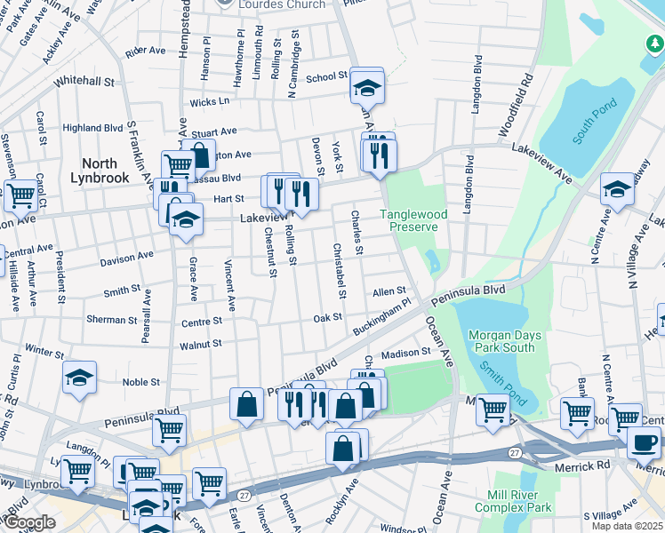 map of restaurants, bars, coffee shops, grocery stores, and more near 84 Edmund Street in Lynbrook