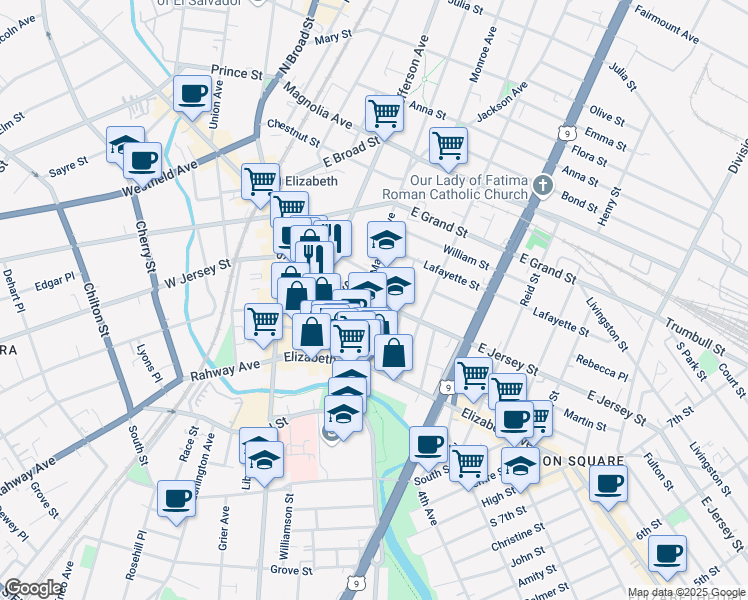 map of restaurants, bars, coffee shops, grocery stores, and more near 1087 East Jersey Street in Elizabeth