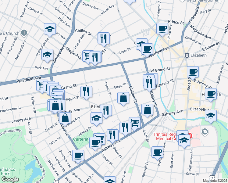 map of restaurants, bars, coffee shops, grocery stores, and more near 301-311 West Jersey Street in Elizabeth