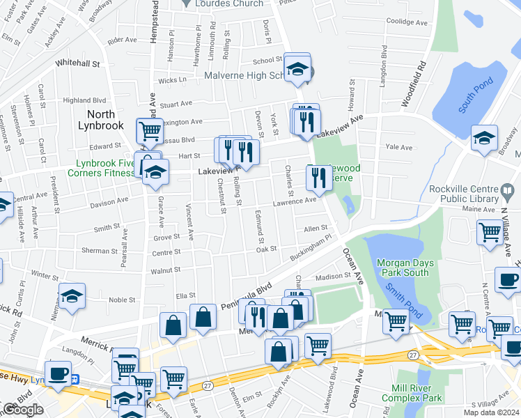 map of restaurants, bars, coffee shops, grocery stores, and more near 28 Lawrence Avenue in Lynbrook
