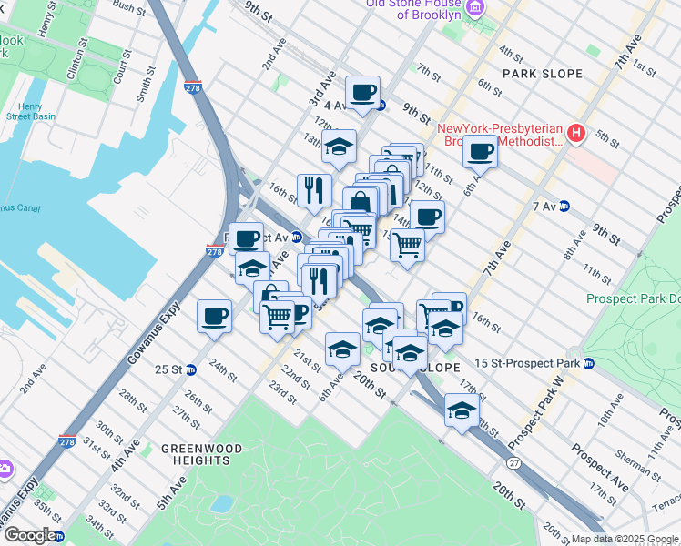 map of restaurants, bars, coffee shops, grocery stores, and more near 606 5th Avenue in Brooklyn