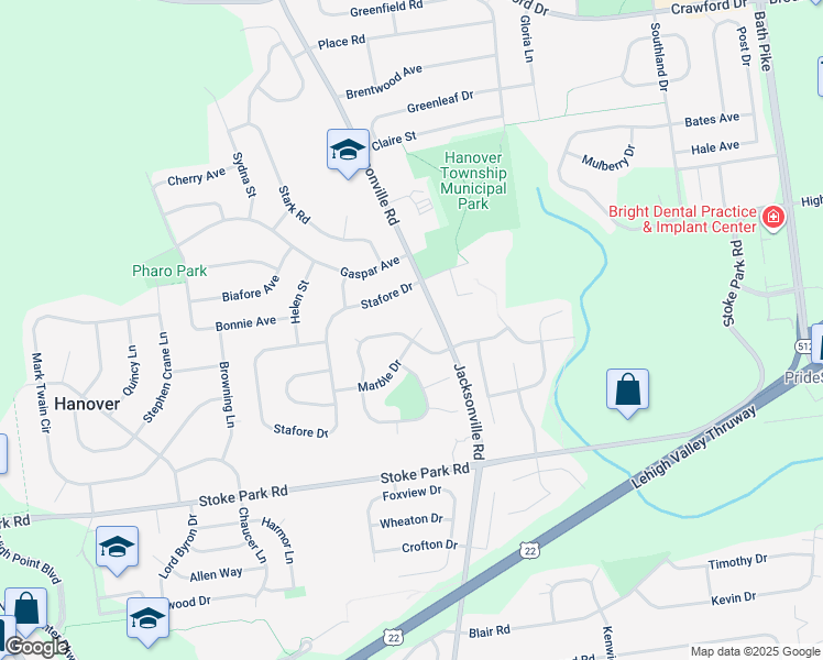 map of restaurants, bars, coffee shops, grocery stores, and more near 1156 Granite Drive in Bethlehem