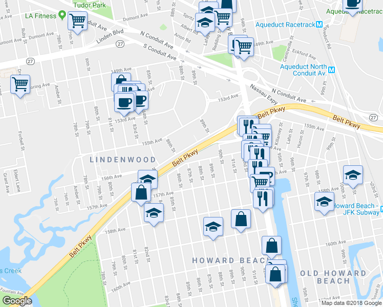 map of restaurants, bars, coffee shops, grocery stores, and more near Belt Parkway in Queens