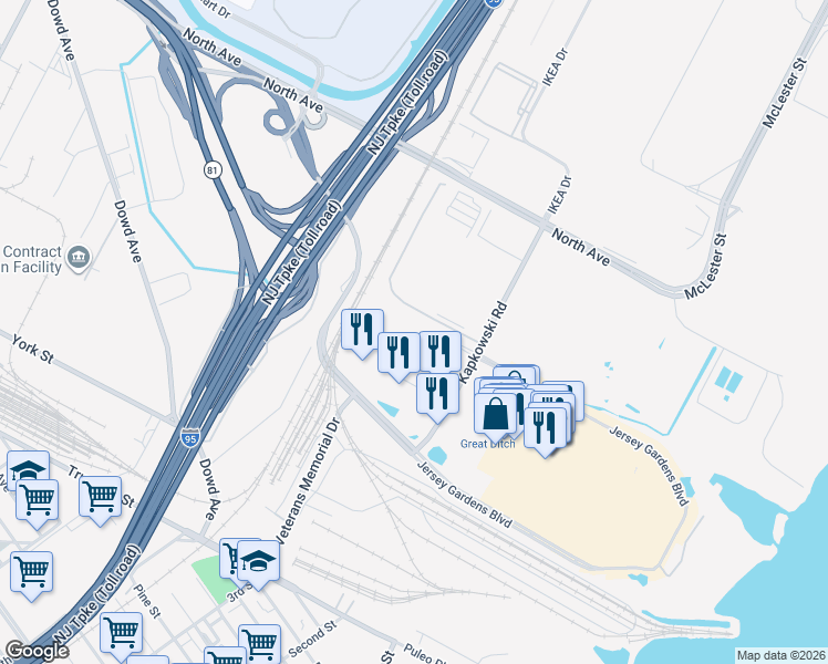 map of restaurants, bars, coffee shops, grocery stores, and more near 45 International Boulevard in Elizabeth