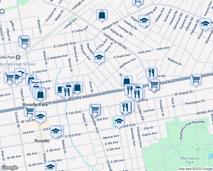 map of restaurants, bars, coffee shops, grocery stores, and more near 105 Pershing Avenue in Roselle Park