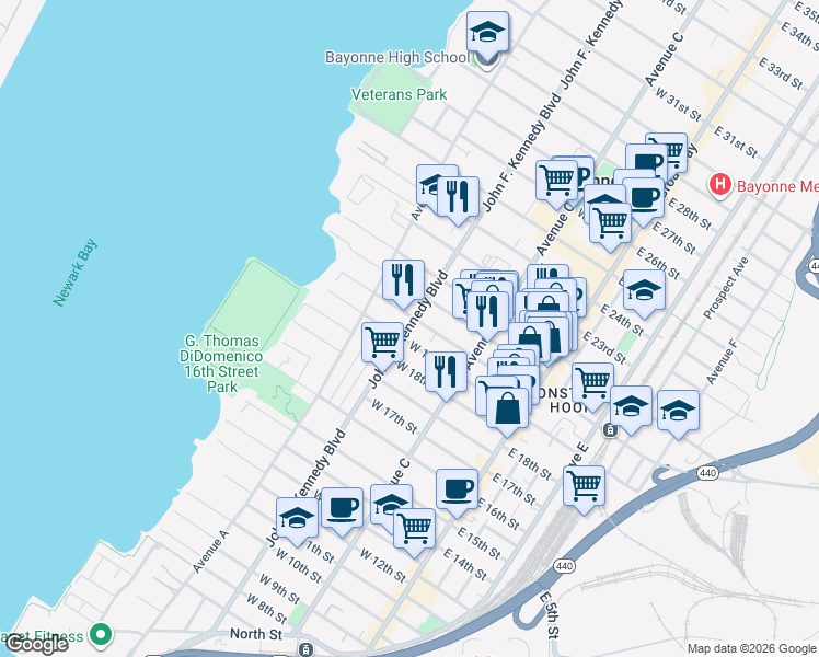 map of restaurants, bars, coffee shops, grocery stores, and more near 87 West 19th Street in Bayonne