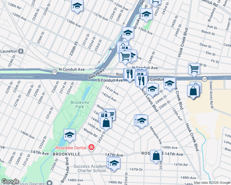 map of restaurants, bars, coffee shops, grocery stores, and more near 241-05 142nd Avenue in Queens