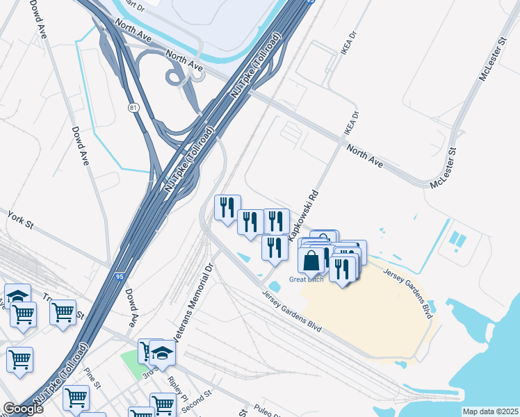 map of restaurants, bars, coffee shops, grocery stores, and more near 45 International Boulevard in Elizabeth