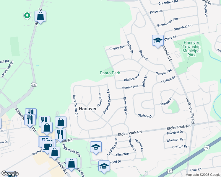 map of restaurants, bars, coffee shops, grocery stores, and more near 3640 Stephen Crane Lane in Bethlehem