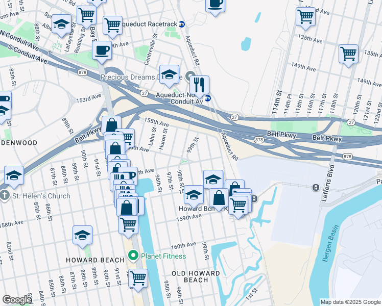 map of restaurants, bars, coffee shops, grocery stores, and more near 99-15 157th Avenue in Queens