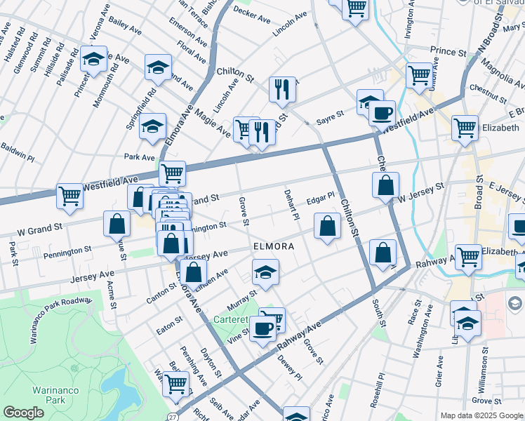 map of restaurants, bars, coffee shops, grocery stores, and more near 330 Pennington Street in Elizabeth