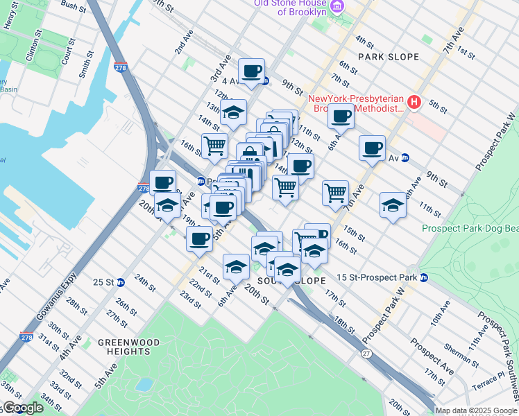 map of restaurants, bars, coffee shops, grocery stores, and more near 263 Prospect Avenue in Brooklyn