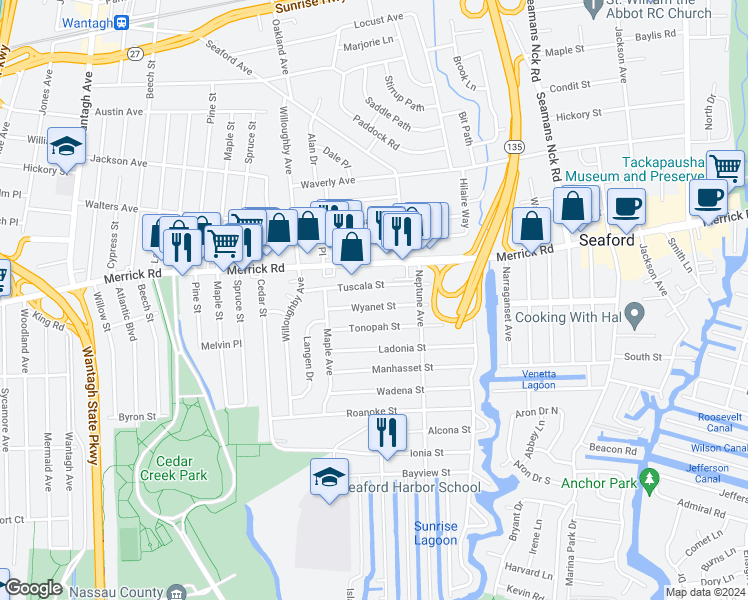 map of restaurants, bars, coffee shops, grocery stores, and more near 3585 Wyanet Street in Seaford