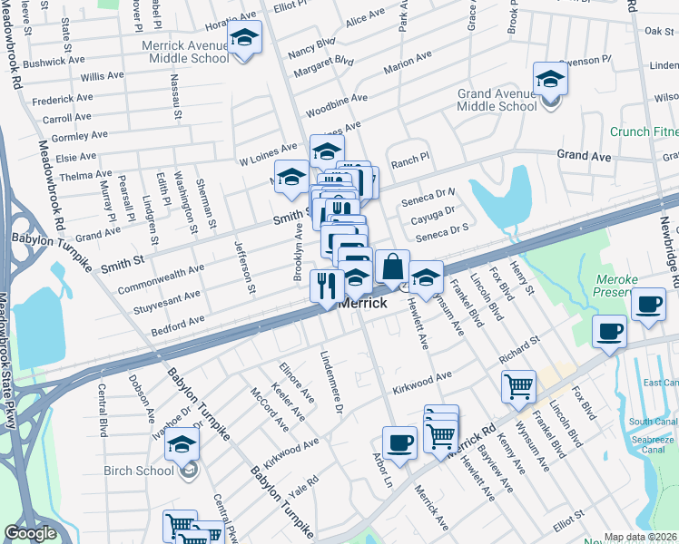 map of restaurants, bars, coffee shops, grocery stores, and more near 2 Merrick Avenue in Merrick