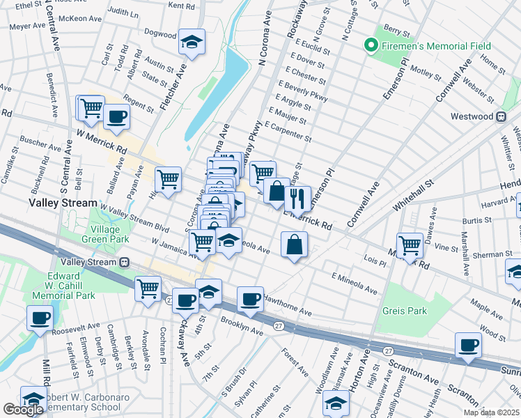 map of restaurants, bars, coffee shops, grocery stores, and more near 23 South Grove Street in Valley Stream