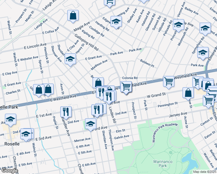 map of restaurants, bars, coffee shops, grocery stores, and more near 458 East Westfield Avenue in Roselle Park
