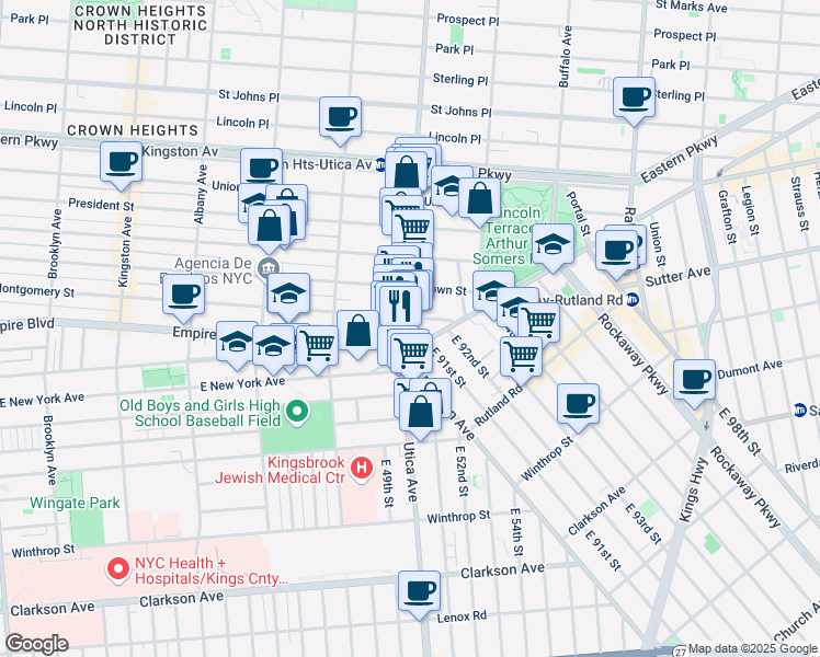 map of restaurants, bars, coffee shops, grocery stores, and more near 421 Utica Avenue in Brooklyn