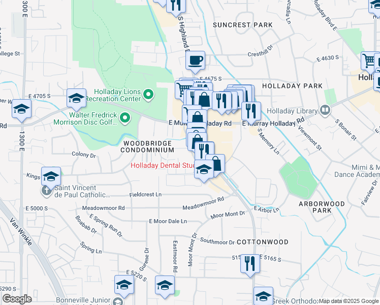 map of restaurants, bars, coffee shops, grocery stores, and more near 4838 Highland Drive in Holladay