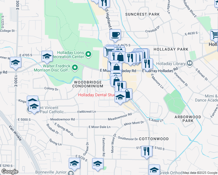 map of restaurants, bars, coffee shops, grocery stores, and more near 4838 Highland Drive in Holladay