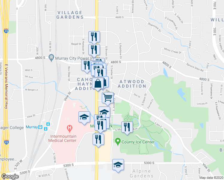 map of restaurants, bars, coffee shops, grocery stores, and more near 186 Vine Street in Murray