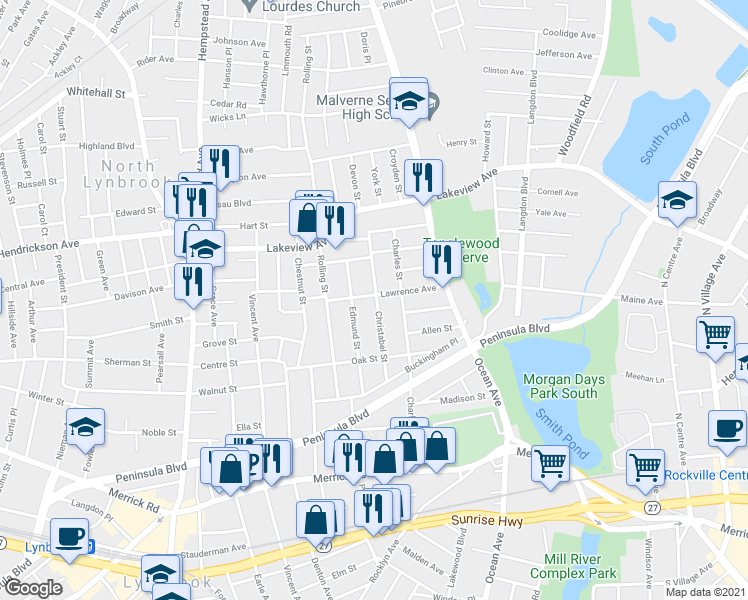 map of restaurants, bars, coffee shops, grocery stores, and more near 84 Edmund Street in Lynbrook