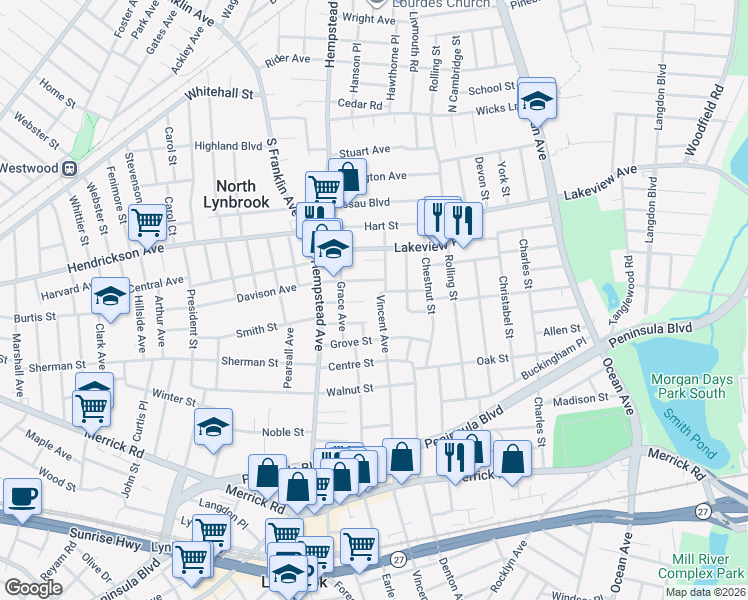 map of restaurants, bars, coffee shops, grocery stores, and more near 352 Vincent Avenue in Lynbrook