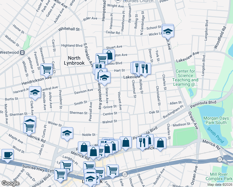 map of restaurants, bars, coffee shops, grocery stores, and more near 352 Vincent Avenue in Lynbrook