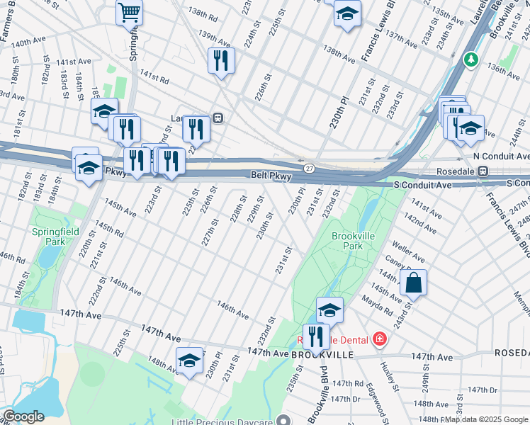 map of restaurants, bars, coffee shops, grocery stores, and more near 229-07 144th Avenue in Queens