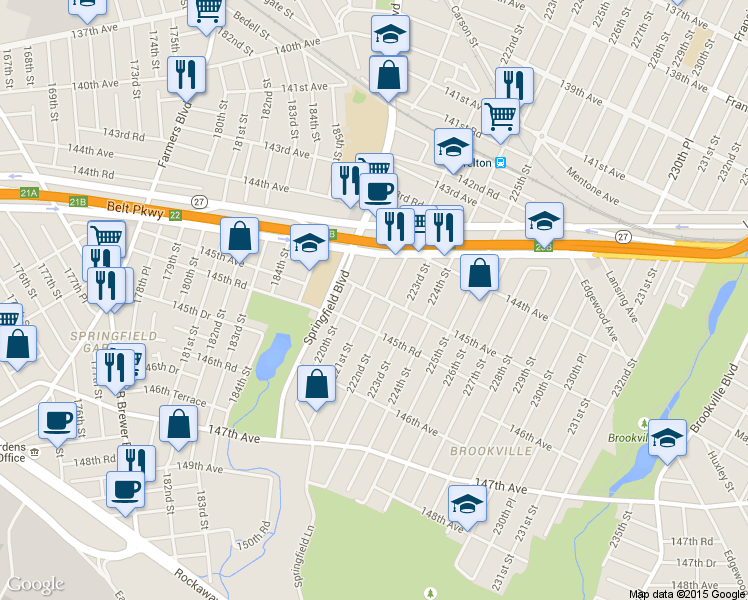 map of restaurants, bars, coffee shops, grocery stores, and more near 145-11 222nd Street in Queens
