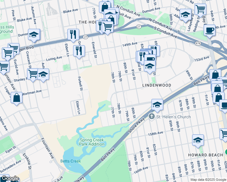 map of restaurants, bars, coffee shops, grocery stores, and more near 15511 78th Street in Queens